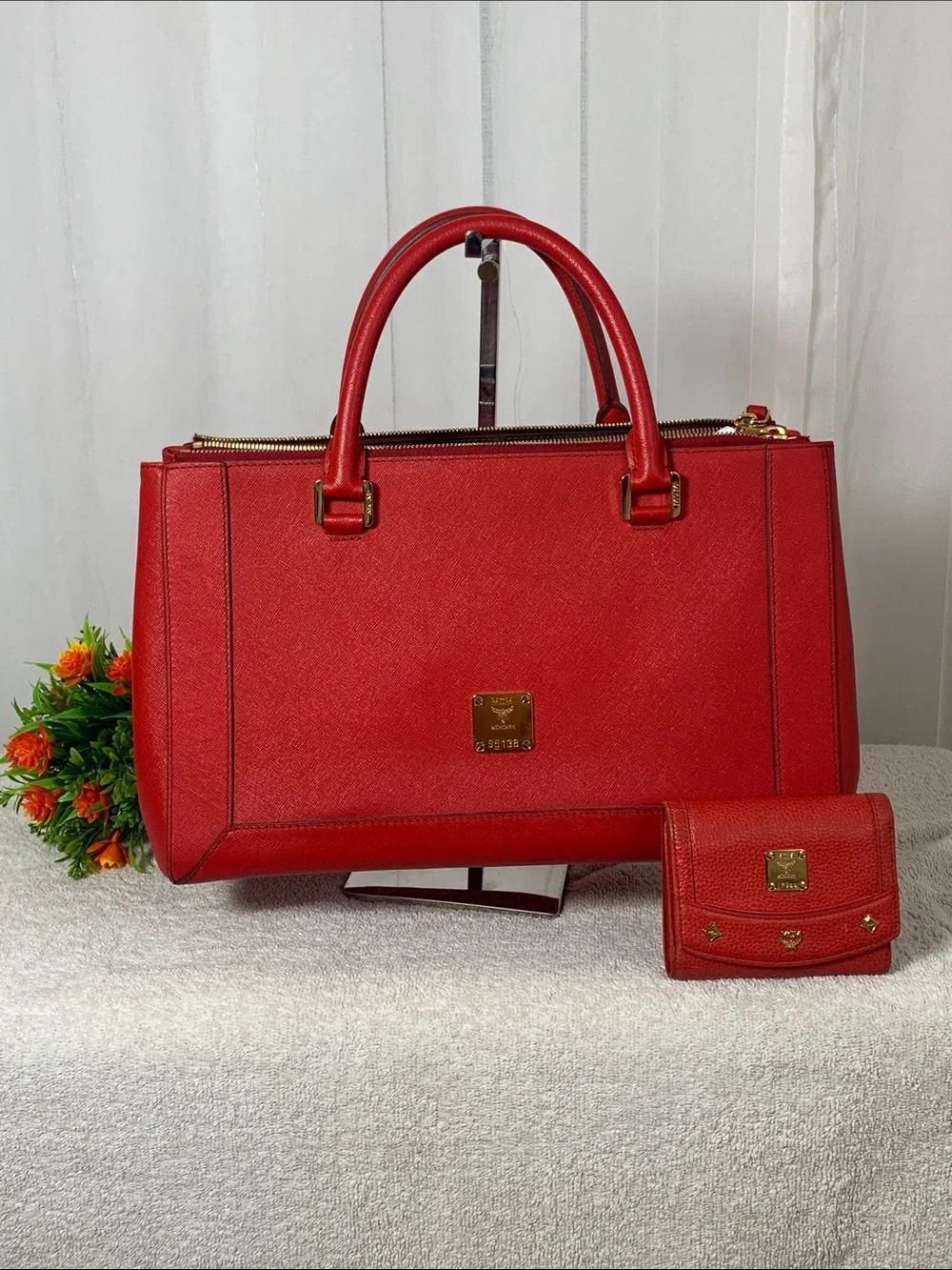 GUC MCM Nuovo Red Leather Satchel with Matching Wallet